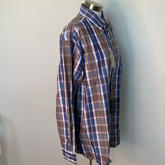 DANIEL CREMIEUX NWT MEN’S BLUE WHITE BROWN PLAID LONG SLEEVE BUTTON FRONT LARGE - Picture 5 of 6